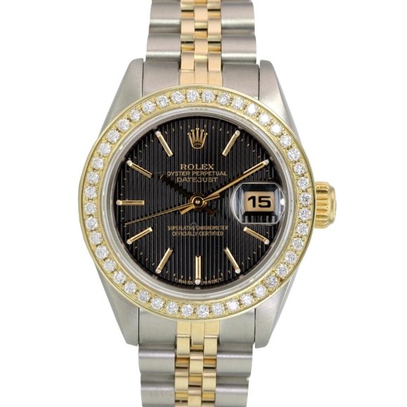 Rolex Accessories - ROLEX DATEJUST BLACK TAPESTRY INDEX DIAL DIAMOND 18K & STEEL JUBILEE WATCH 69173